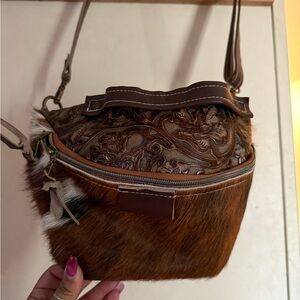 Elegant Brown Leather and Fur Crossbody Bag